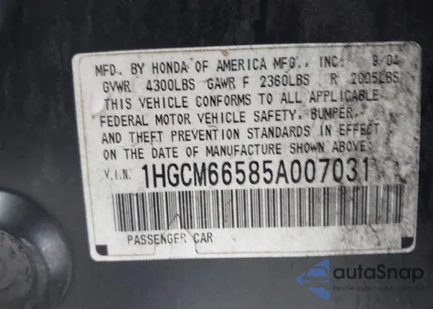 2005 Honda Accord 3.0 Ex from USA, damaged, VIN 1HGCM66585A007031